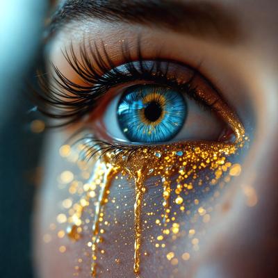 The primary subject of the image is a woman with a blue eye and gold eye shadow. The setting is a close-up of her eye, and the visual style is a photo. The colors and mood of the image are vibrant and lively, with the blue eye and gold eye shadow creating a striking contrast.